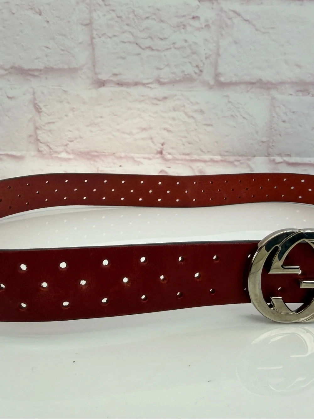 Gucci Red Perforated Leather Interlocking Belt 90/36 114874